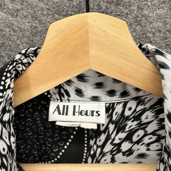 All Hours Shirt Women L Large Black Geometric Button Up Collared Long Sleeve - Picture 3 of 8